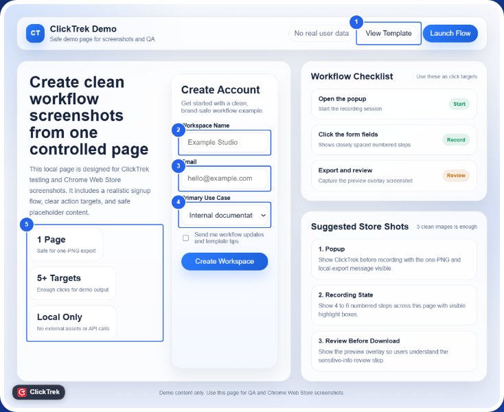 An exported ClickTrek image: a sign-up form with numbered badges 1 to 5 and blue highlight boxes on each clicked element.