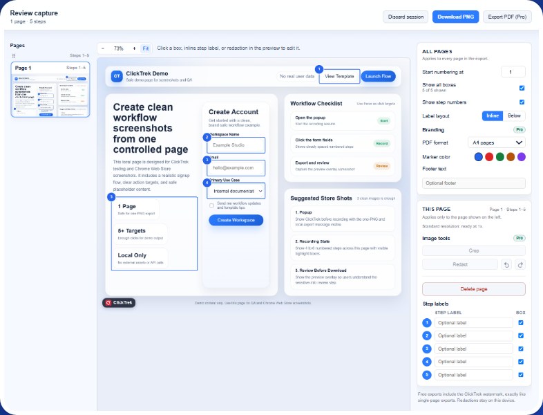 The ClickTrek Review capture page: a page preview with numbered steps, and settings for step numbers, label layout and step labels.
